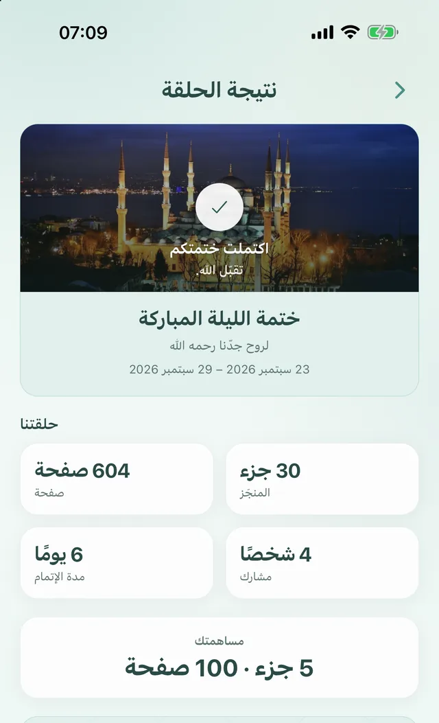 نتيجة الحلقة: اكتملت الختمة، 30 جزءًا، 4 أشخاص، 6 أيام ومساهمتك