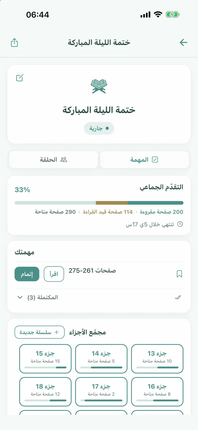 حلقة لمرة واحدة: ختمة الليلة المباركة، التقدم الجماعي ومجمع الأجزاء