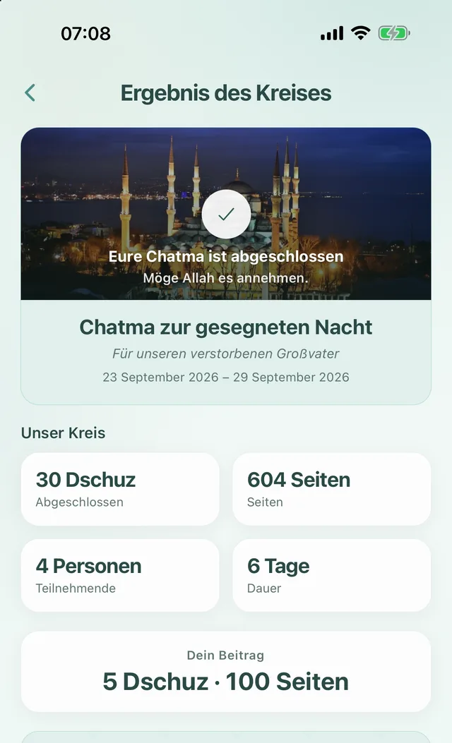Ergebnis des Kreises: Chatma abgeschlossen, 30 Dschuz, 4 Personen, 6 Tage und dein Beitrag