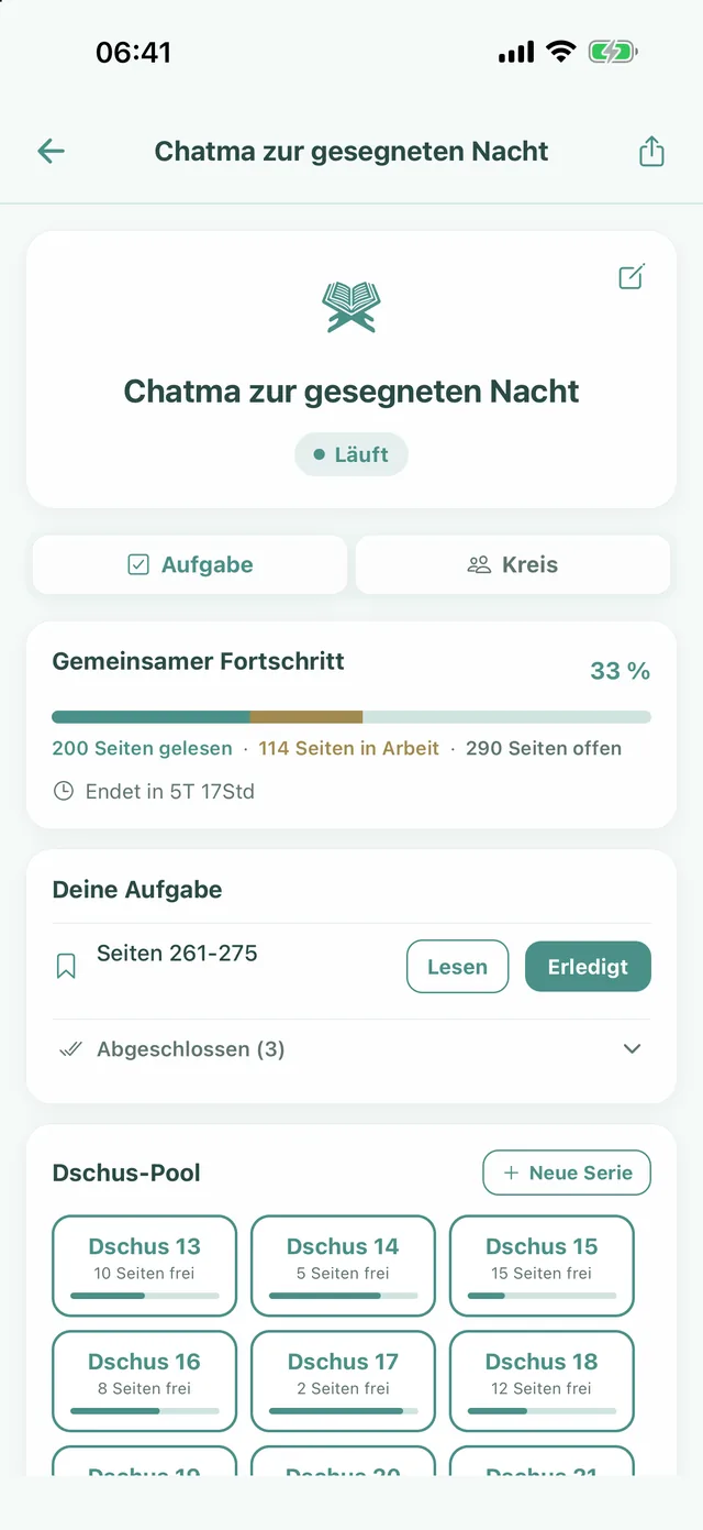 Einmaliger Kreis: Chatma zur gesegneten Nacht, gemeinsamer Fortschritt und Dschuz-Pool