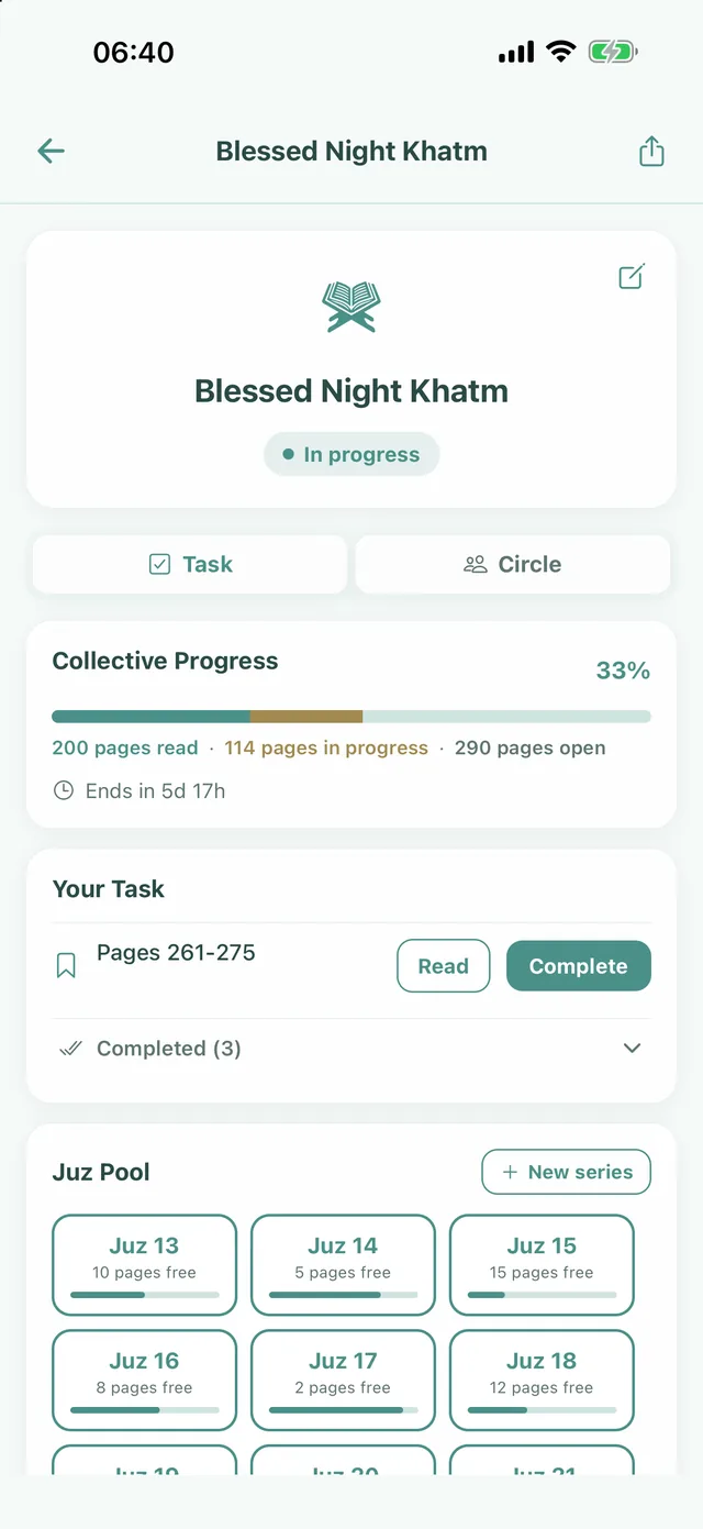 One-time circle: Blessed Night Khatm, shared progress and juz pool