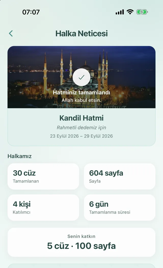 Halka Neticesi: hatim tamamlandı, 30 cüz, 4 kişi, 6 gün ve senin katkın