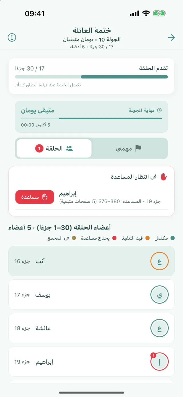 شاشة الختمة، تبويب الحلقة: من ينتظر المساعدة، ومن في أي جزء