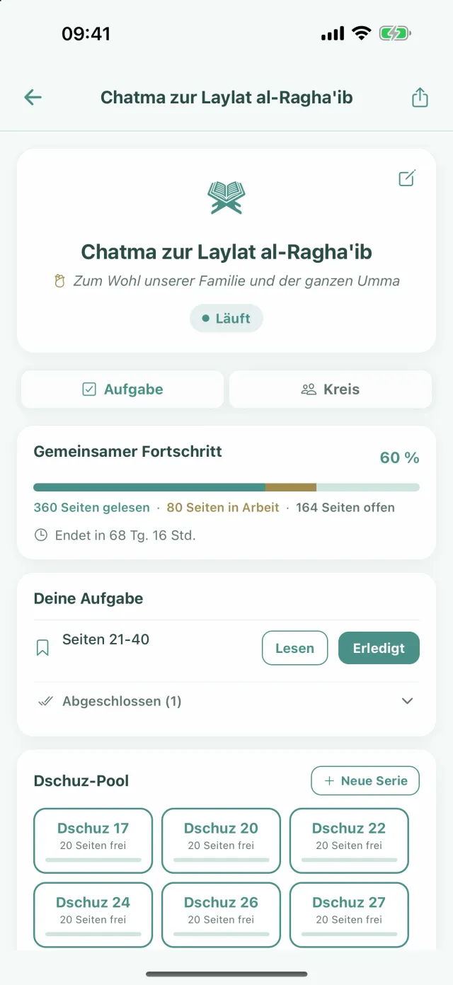 Chatma zur Laylat al-Ragha'ib: Widmung, Gemeinsamer Fortschritt 60 Prozent, Karte Deine Aufgabe mit Seiten 21-40 und Dschuz-Pool