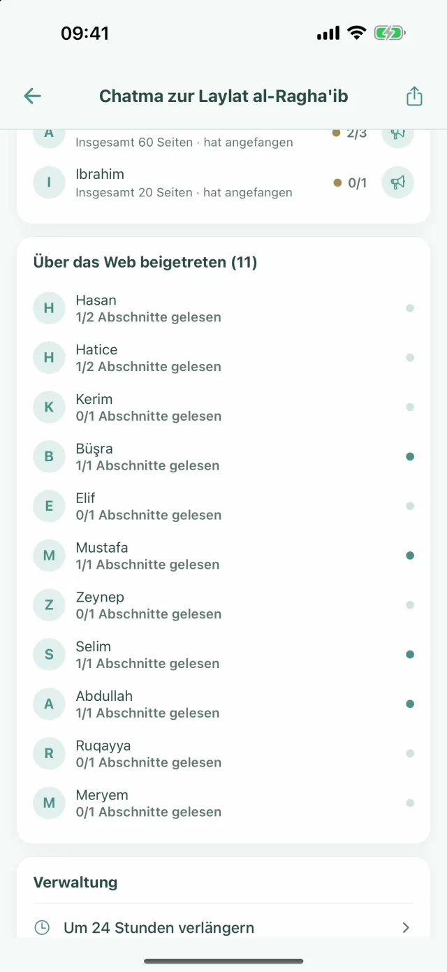 Liste Über das Web beigetreten und Karte Verwaltung mit Um 24 Stunden verlängern und Kreis löschen