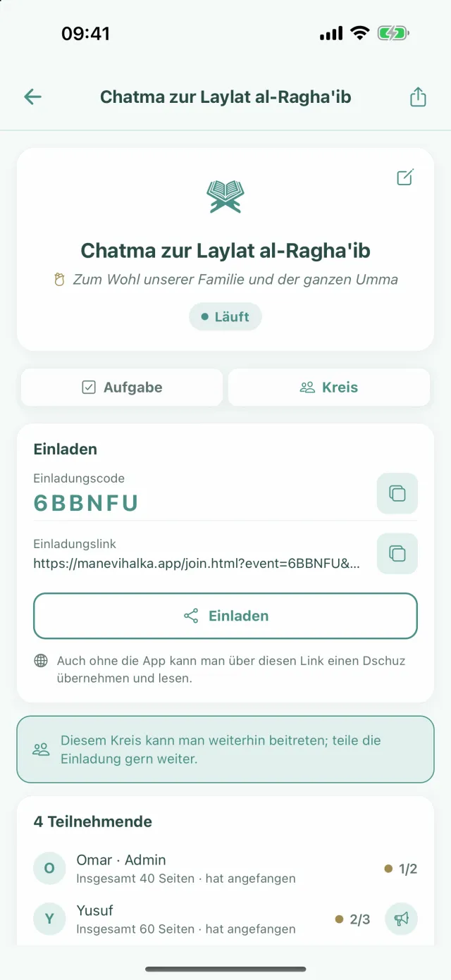 Tab Kreis desselben Kreises: Einladungscode, Einladungslink, Knopf Einladen und die Teilnehmenden