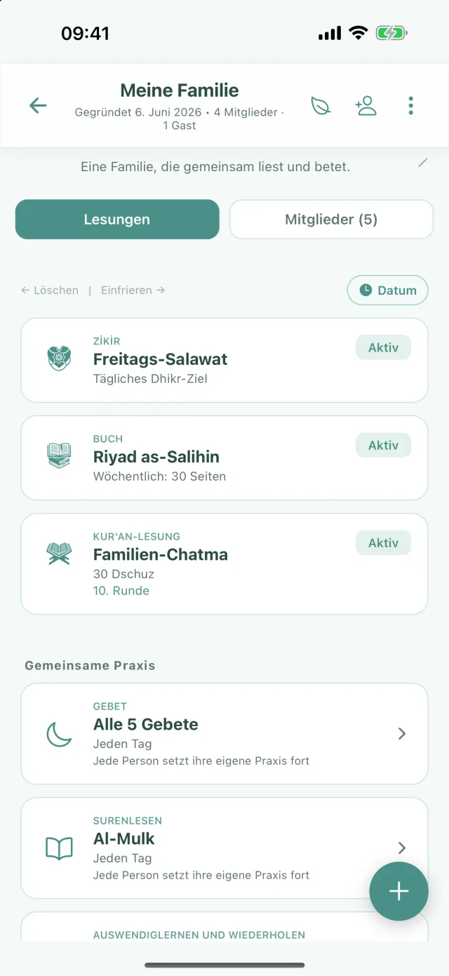 Kreis-Bildschirm: Aufgaben im Tab Lesungen und unten rechts der runde Knopf +