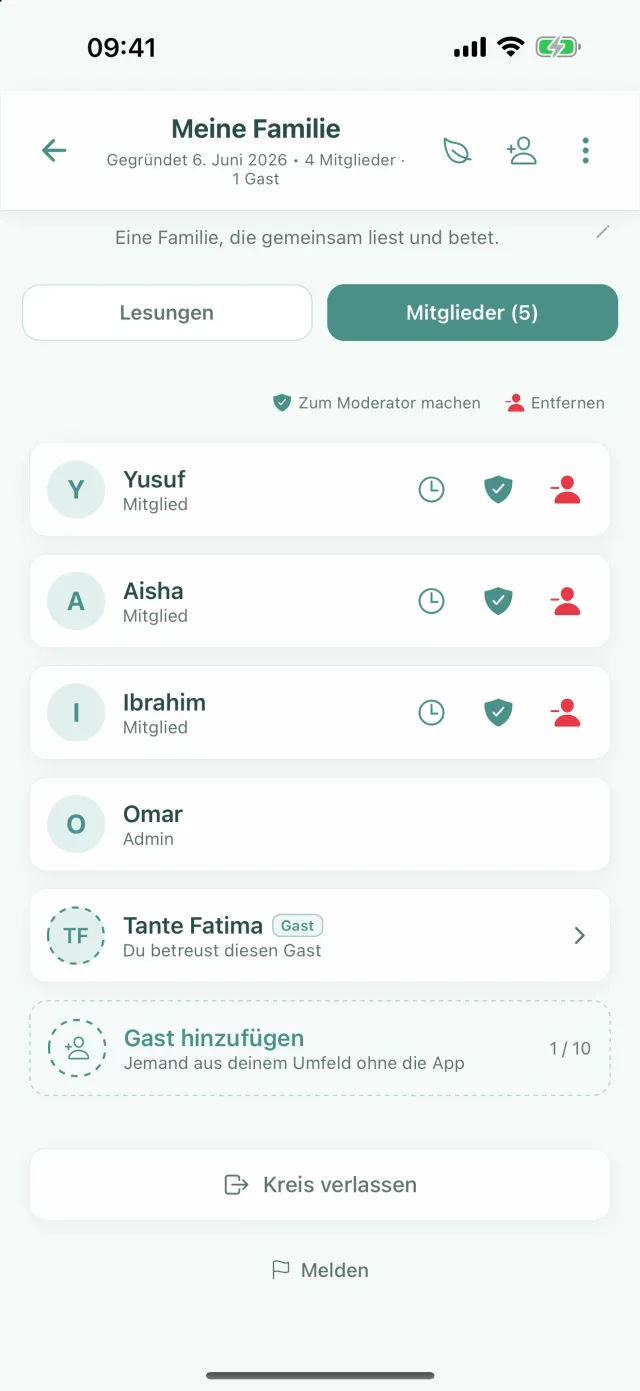 Tab Mitglieder: ein Gast, die Zeile Gast hinzufügen und der Knopf Kreis verlassen