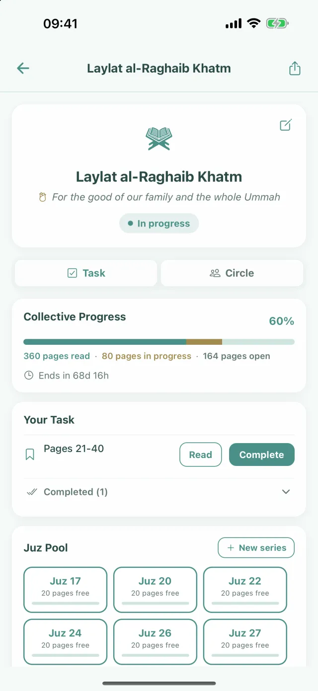 Laylat al-Raghaib Khatm: dedication line, Collective Progress at 60 percent, Pages 21-40 on the Your Task card and the Juz Pool