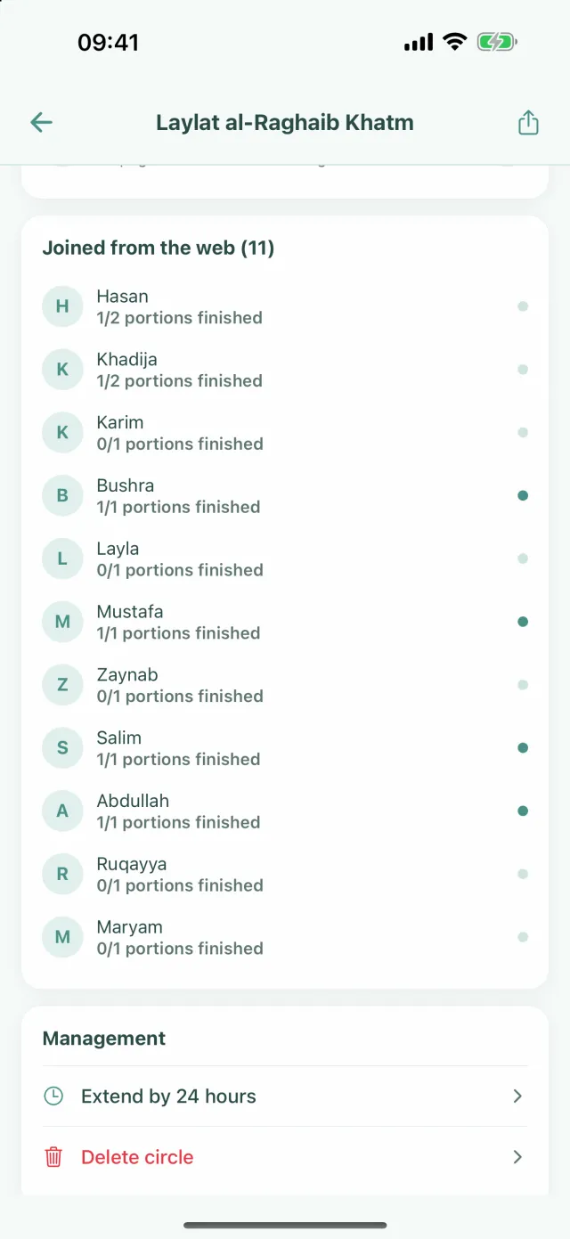 Joined from the web list, and Extend by 24 hours and Delete circle on the Management card