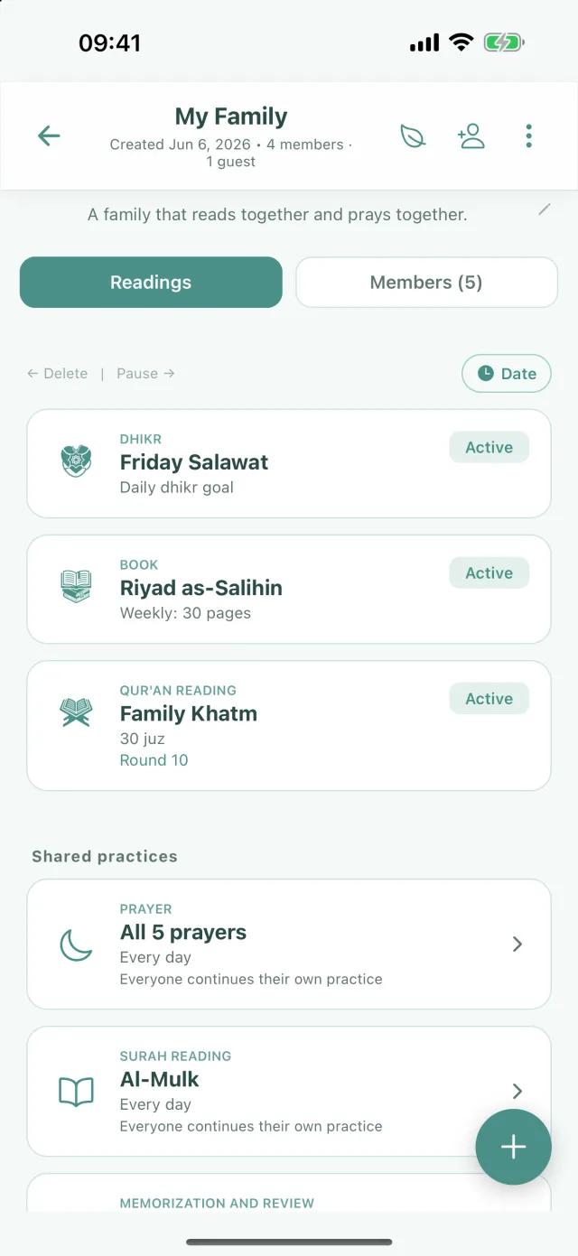 Circle screen: the circle's tasks in the Readings tab