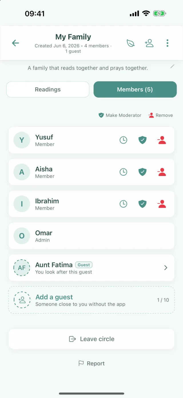 Members tab: a guest member, the Add a guest row and the Leave circle button