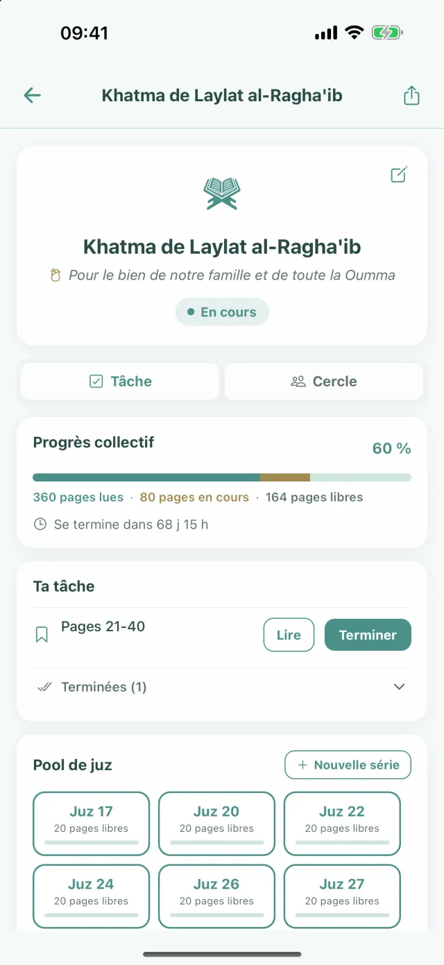 Khatma de Laylat al-Ragha’ib : la dédicace, Progrès collectif à 60 %, la carte Ta tâche avec Pages 21-40 et le Pool de juz