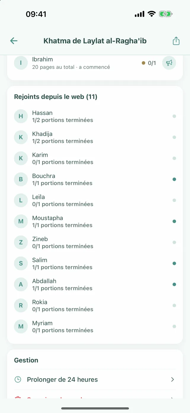 La liste Rejoints depuis le web et, dans la carte Gestion, Prolonger de 24 heures et Supprimer le cercle