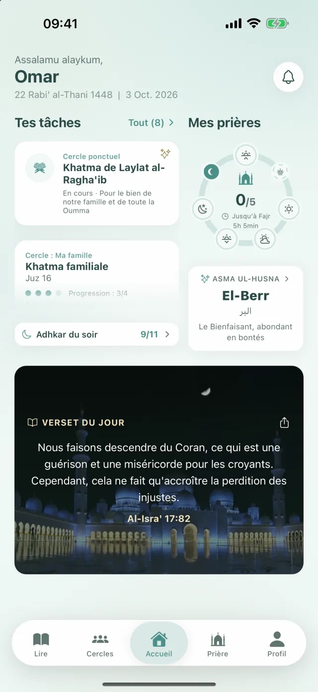 Accueil : les tâches des cercles dans la section Tes tâches