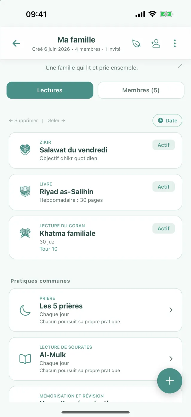 Écran du cercle : les tâches dans l’onglet Lectures et le bouton rond + en bas à droite