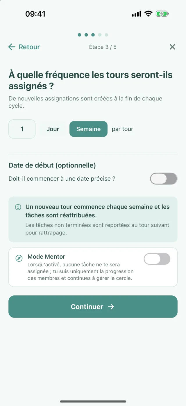 Création de l’objectif : À quelle fréquence les tours seront-ils assignés ? Semaine sélectionnée