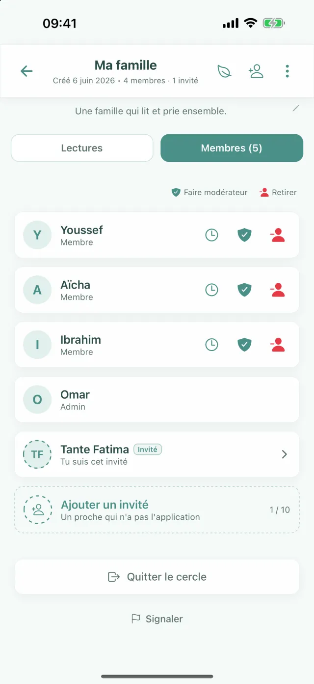 Onglet Membres : un membre invité, la ligne Ajouter un invité et le bouton Quitter le cercle