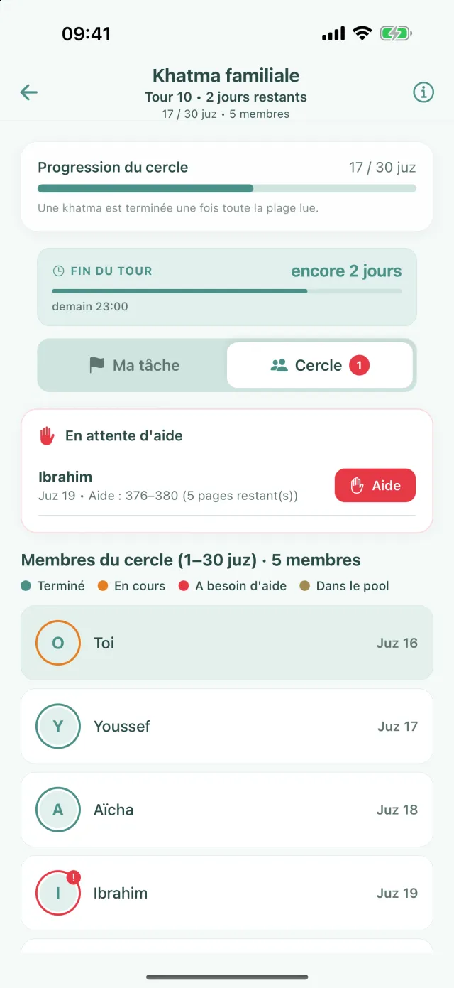 Écran de la khatma, onglet Cercle : une demande d’aide et le juz de chaque membre