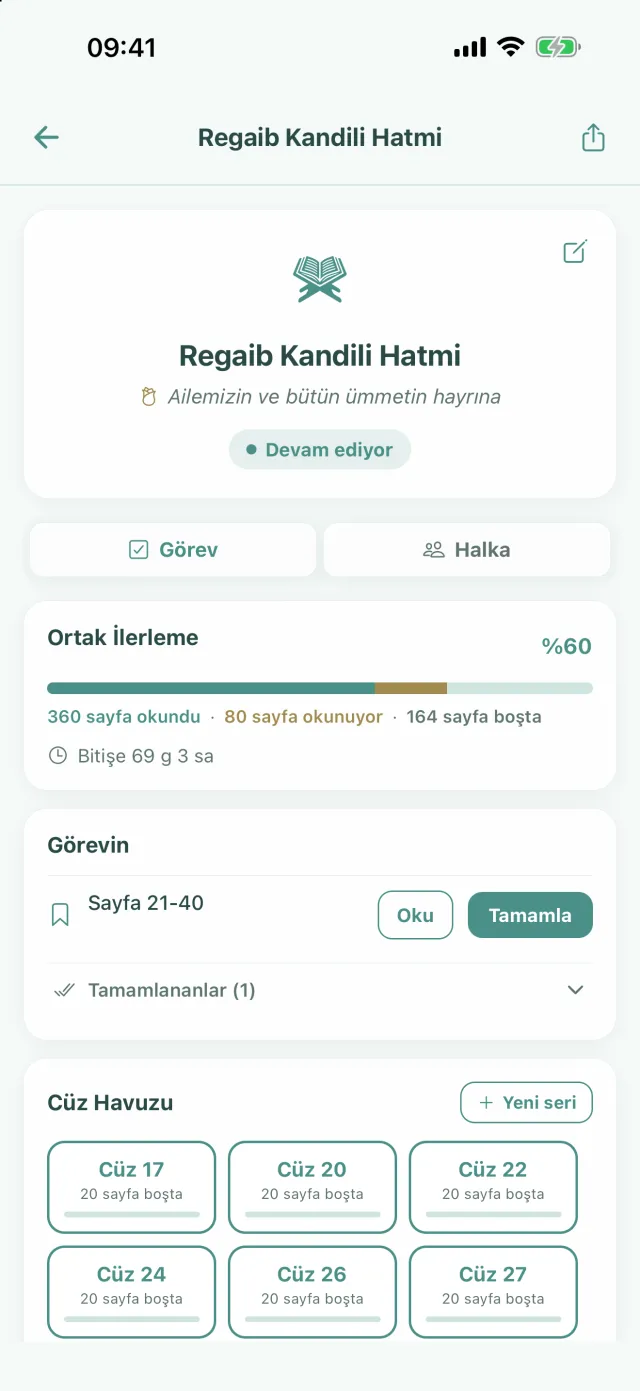 Regaib Kandili Hatmi: ithaf satırı, Ortak İlerleme yüzde 60, Görevin kartında Sayfa 21-40 ve Cüz Havuzu