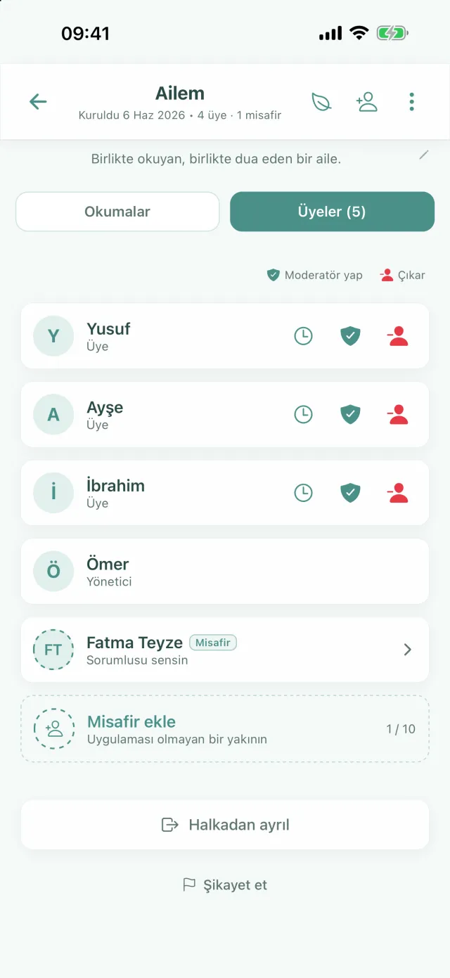 Üyeler sekmesi: misafir üye, Misafir ekle satırı ve Halkadan ayrıl düğmesi