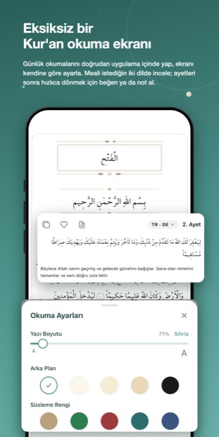 Kur'an okuma ekranı, kişisel ayarlar